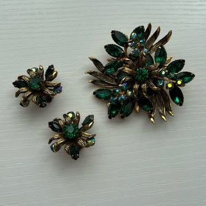 Emerald Green Rhinestone Floral Brooch and Earrings